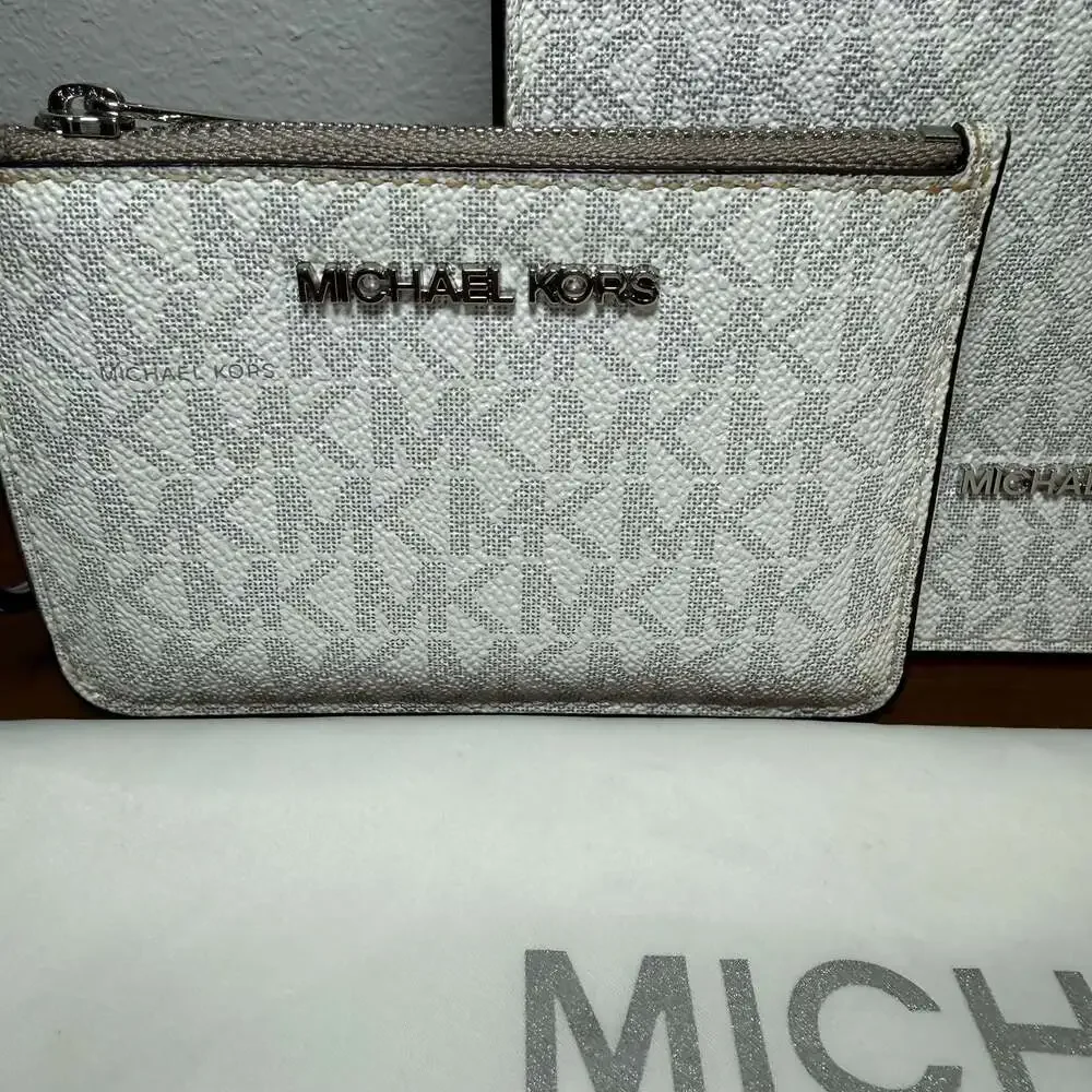 Michael Kors White Monogram Crossbody with Gray Strap